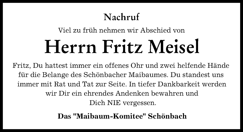  Traueranzeige für Fritz Meisel vom 04.10.2023 aus Aichacher Nachrichten