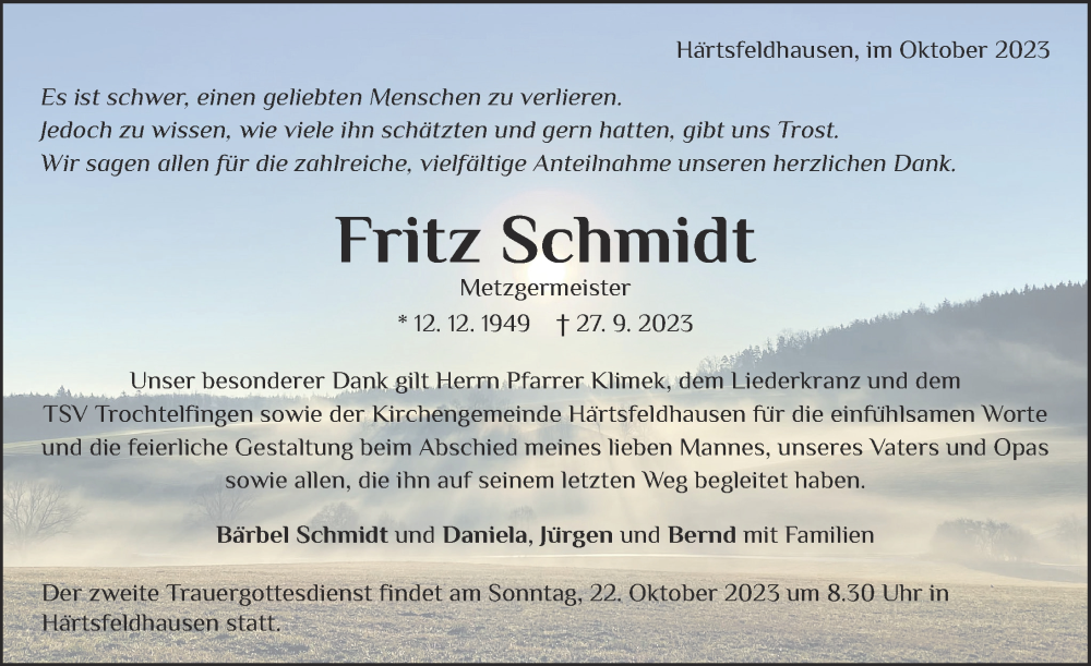  Traueranzeige für Fritz Schmidt vom 18.10.2023 aus Rieser Nachrichten
