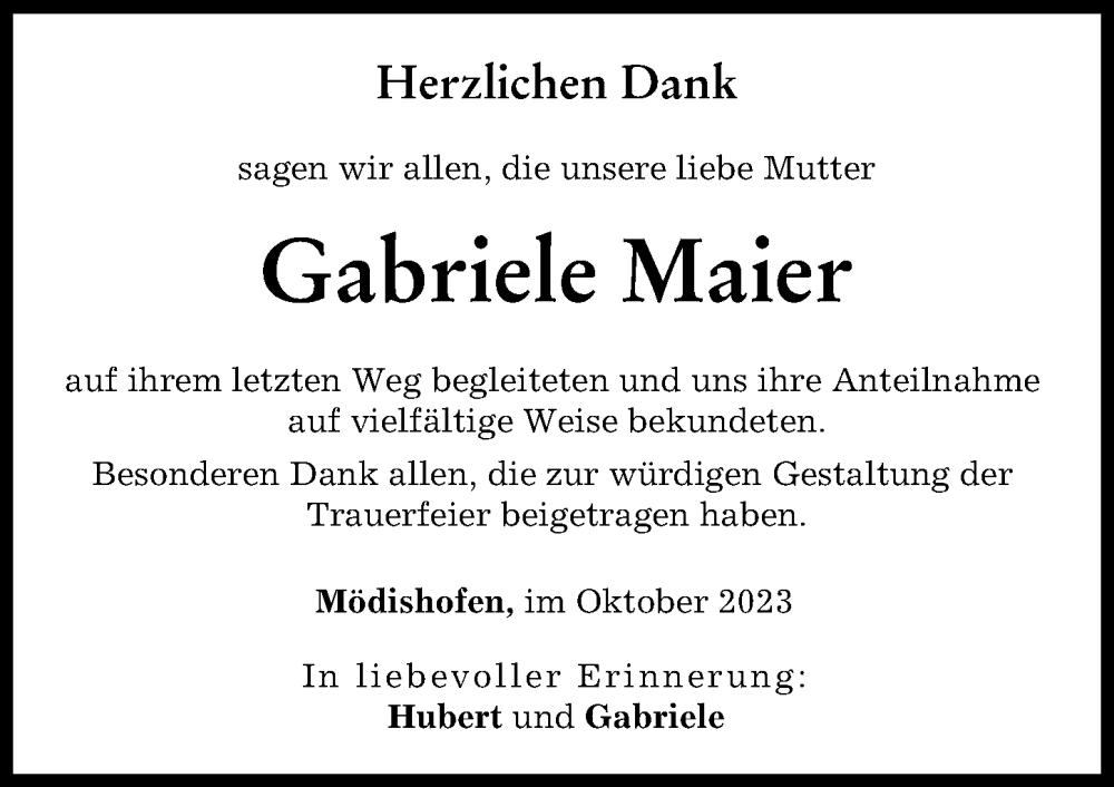  Traueranzeige für Gabriele  Maier vom 07.10.2023 aus Augsburg-Land