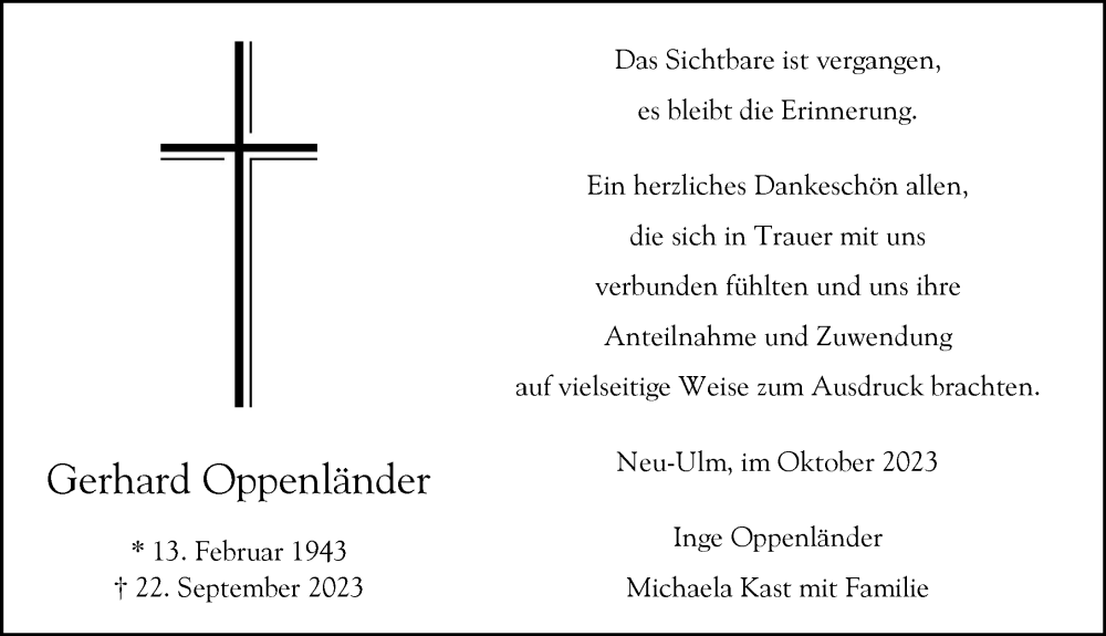  Traueranzeige für Gerhard Oppenländer vom 23.10.2023 aus Augsburger Allgemeine, Neu-Ulmer Zeitung