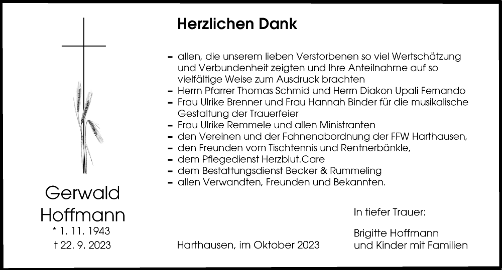  Traueranzeige für Gerwald Hoffmann vom 20.10.2023 aus Günzburger Zeitung