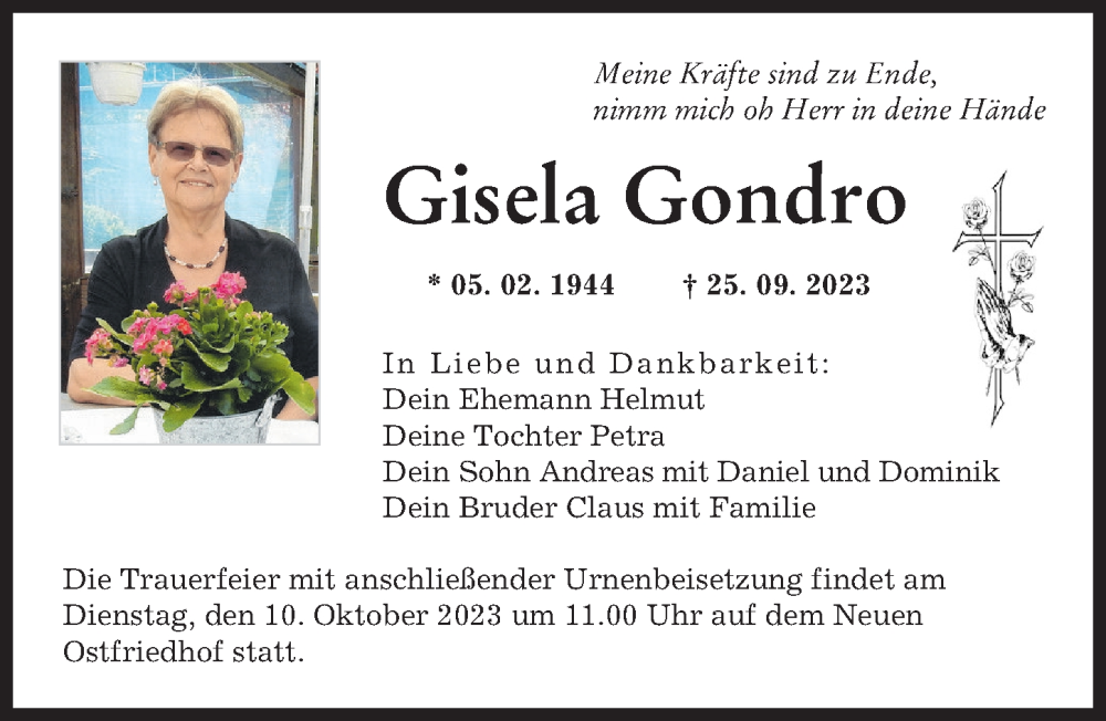 Traueranzeigen Von Gisela Gondro Augsburger Allgemeine Zeitung