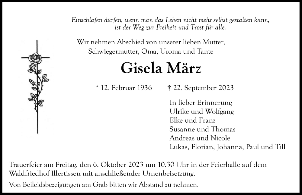 Traueranzeigen Von Gisela März Augsburger Allgemeine Zeitung
