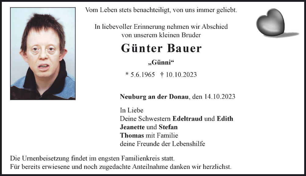 Traueranzeige von Günter Bauer von Neuburger Rundschau