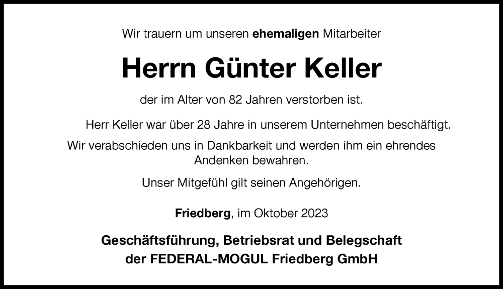  Traueranzeige für Günter Keller vom 06.10.2023 aus Friedberger Allgemeine
