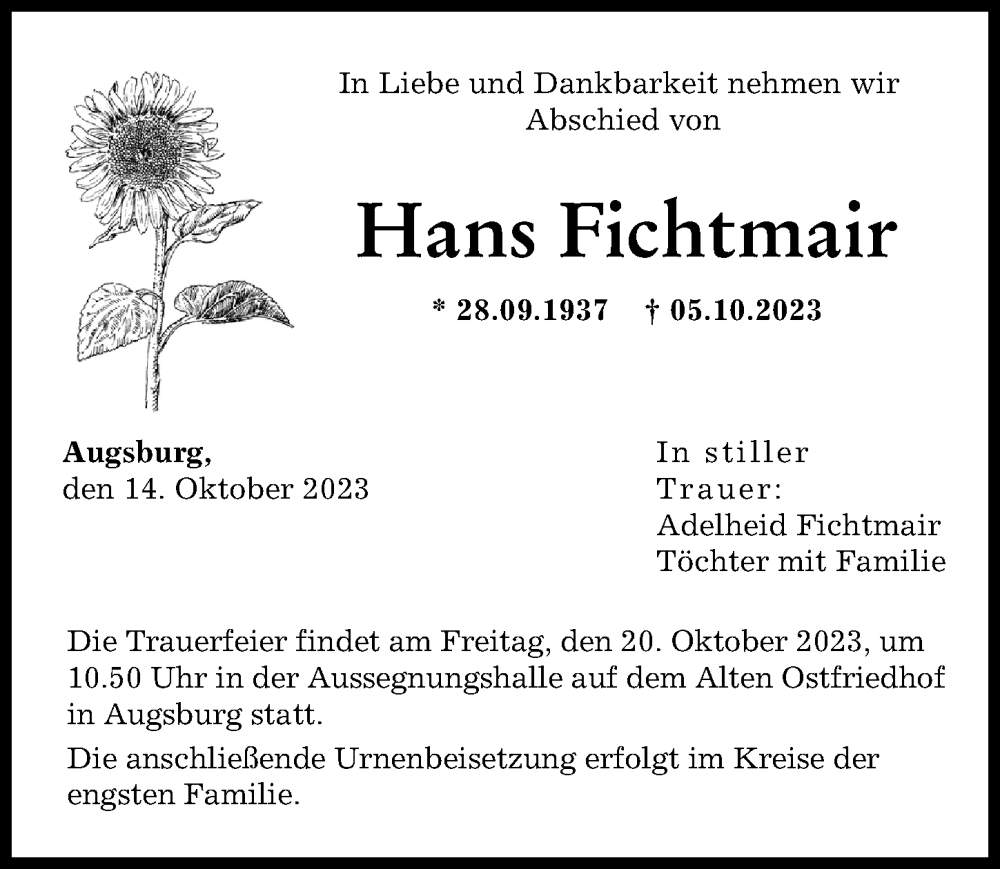 Traueranzeige von Hans Fichtmair von Augsburger Allgemeine