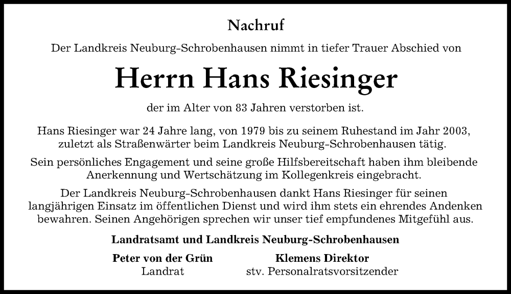  Traueranzeige für Hans Riesinger vom 06.10.2023 aus Neuburger Rundschau