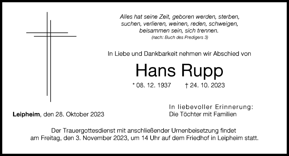 Traueranzeige von Hans Rupp von Günzburger Zeitung