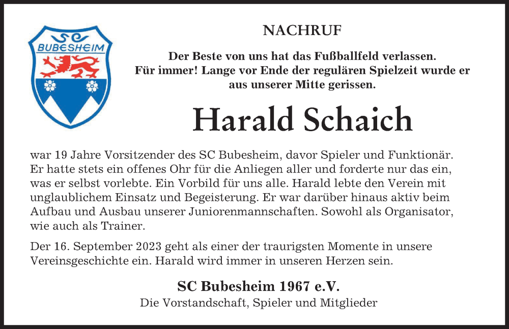  Traueranzeige für Harald Schaich vom 04.10.2023 aus Günzburger Zeitung