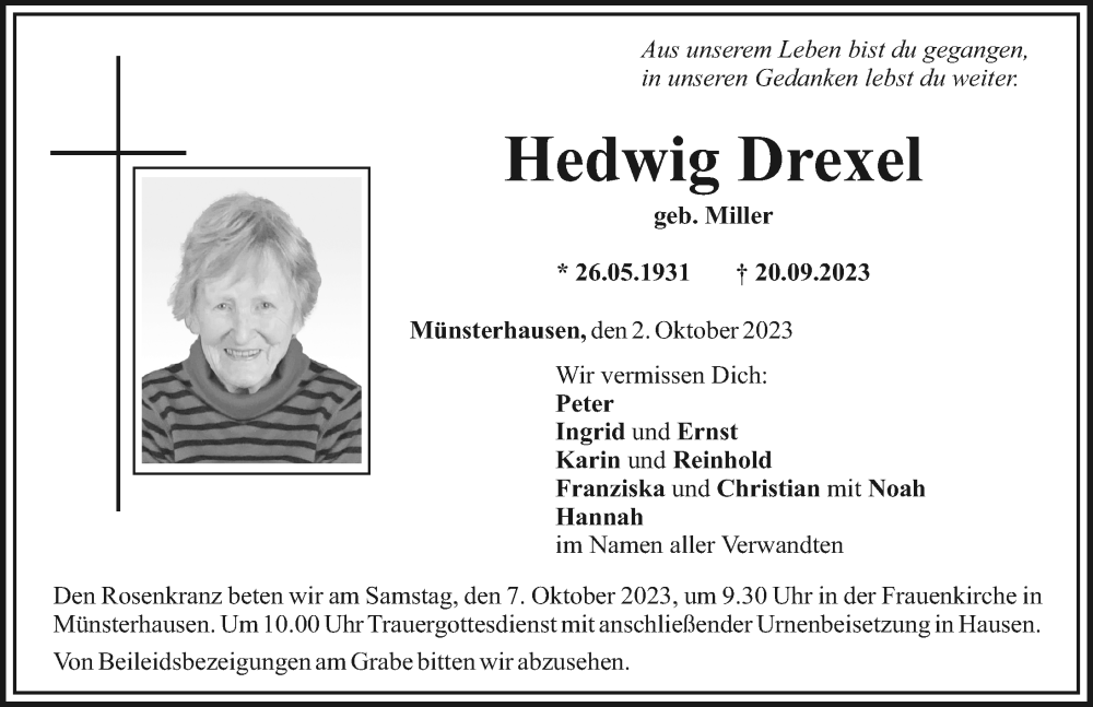  Traueranzeige für Hedwig Drexel vom 02.10.2023 aus Mittelschwäbische Nachrichten