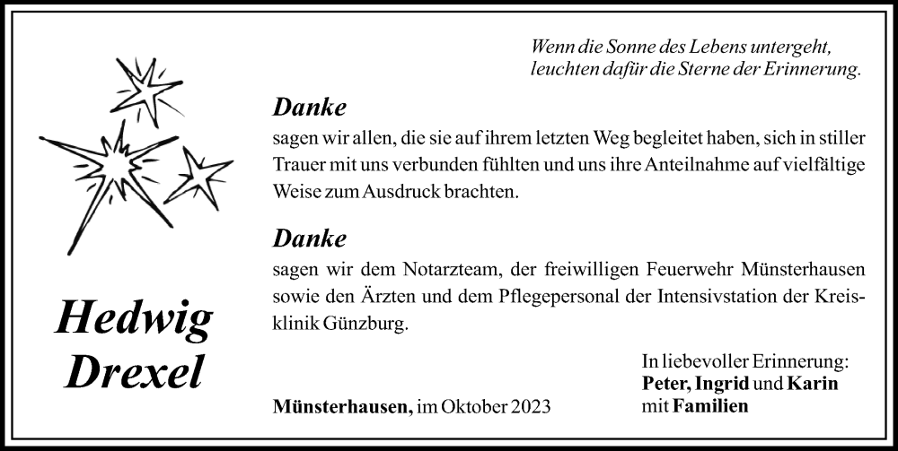  Traueranzeige für Hedwig Drexel vom 16.10.2023 aus Mittelschwäbische Nachrichten