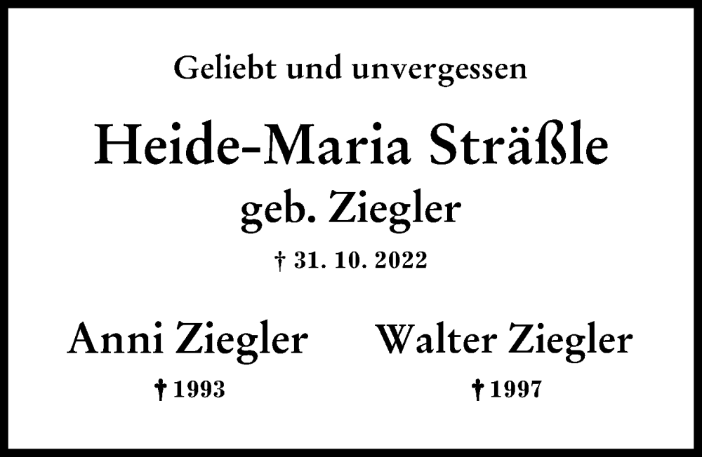 Traueranzeige von Heide-Maria Sträßle von Augsburger Allgemeine