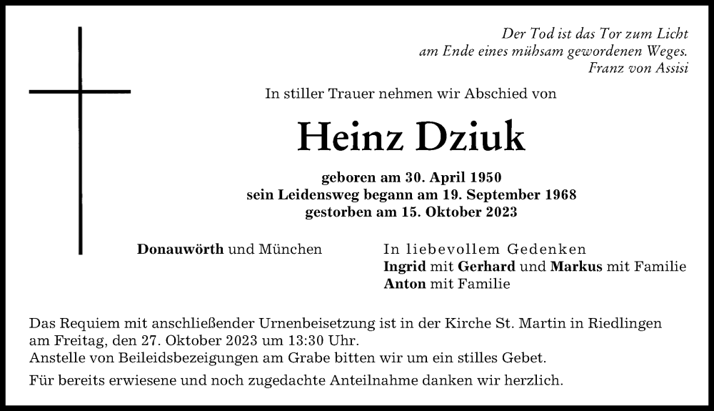 Traueranzeige von Heinz Dziuk von Donauwörther Zeitung