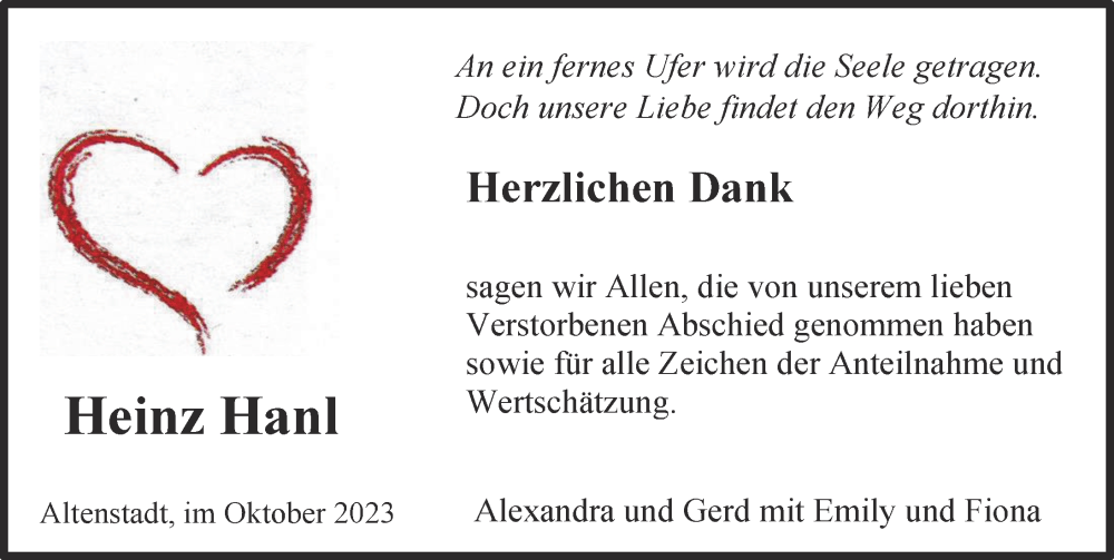  Traueranzeige für Heinz Hanl vom 02.10.2023 aus Illertisser Zeitung