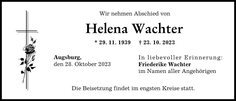 Traueranzeige von Helena Wachter von Augsburger Allgemeine