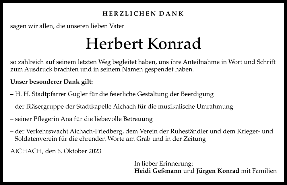  Traueranzeige für Herbert Konrad vom 06.10.2023 aus Aichacher Nachrichten