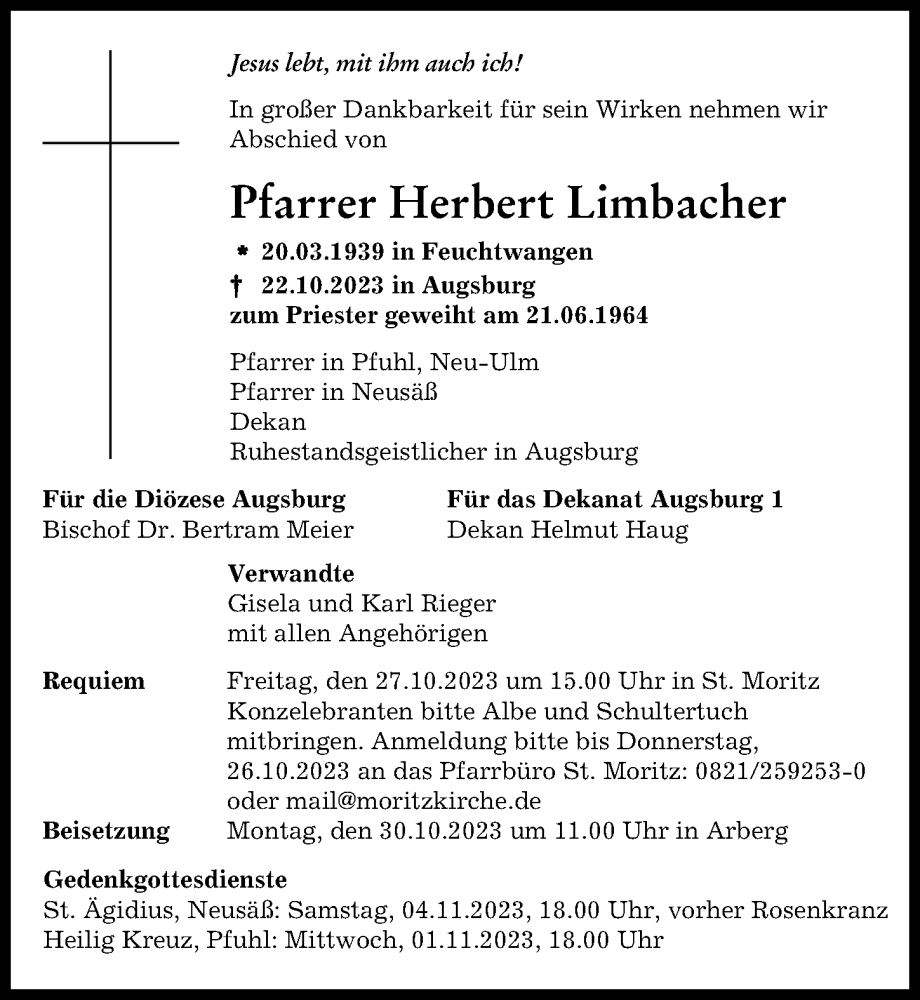 Traueranzeige von Herbert Limbacher von Augsburger Allgemeine