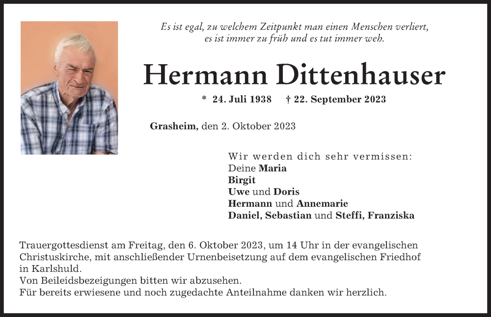  Traueranzeige für Hermann Dittenhauser vom 02.10.2023 aus Neuburger Rundschau