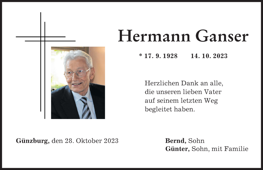 Traueranzeige von Hermann Ganser von Günzburger Zeitung