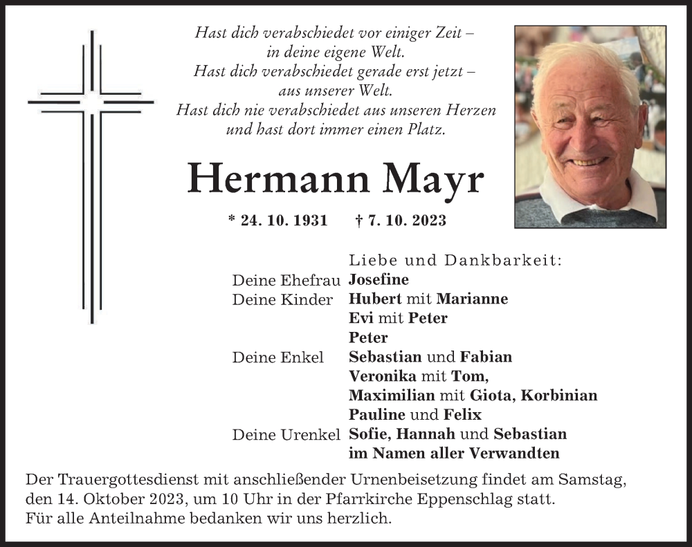 Traueranzeige von Hermann Mayr von Neu-Ulmer Zeitung