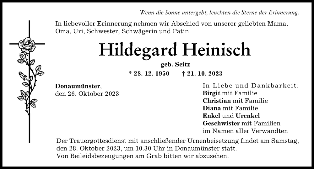 Traueranzeige von Hildegard Heinisch von Donauwörther Zeitung