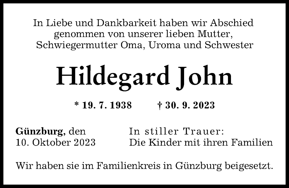 Traueranzeige von Hildegard John von Günzburger Zeitung