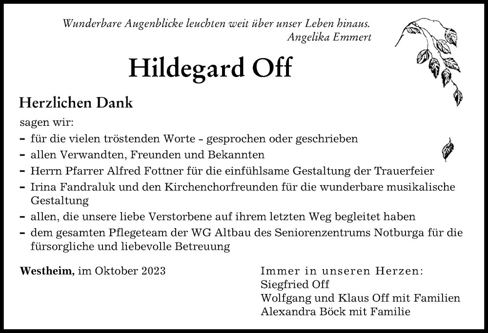  Traueranzeige für Hildegard Off vom 14.10.2023 aus Augsburger Allgemeine