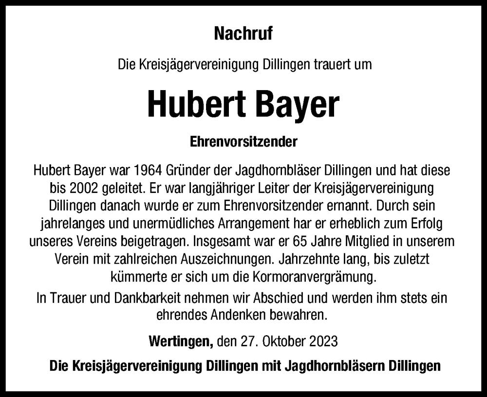 Traueranzeige von Hubert Bayer von Wertinger Zeitung, Donau Zeitung