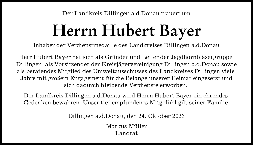 Traueranzeige von Hubert Bayer von Donau Zeitung