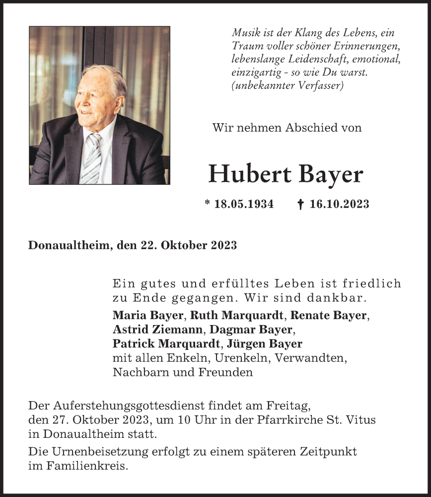  Traueranzeige für Hubert Bayer vom 23.10.2023 aus Donau Zeitung