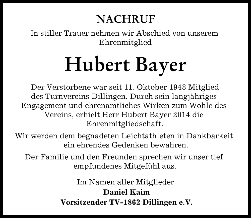 Traueranzeige von Hubert Bayer von Donau Zeitung