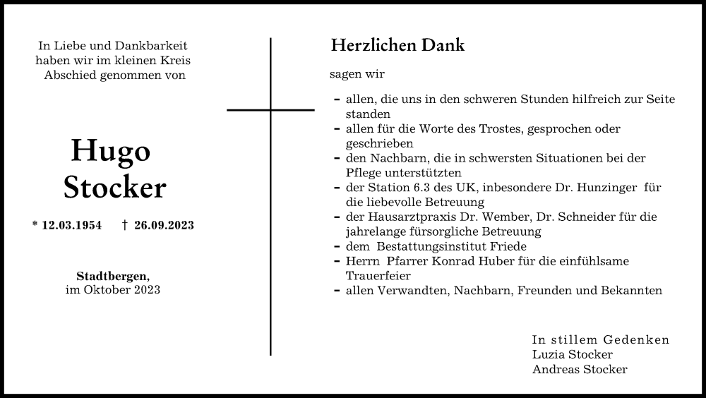  Traueranzeige für Hugo Stocker vom 14.10.2023 aus Augsburger Allgemeine