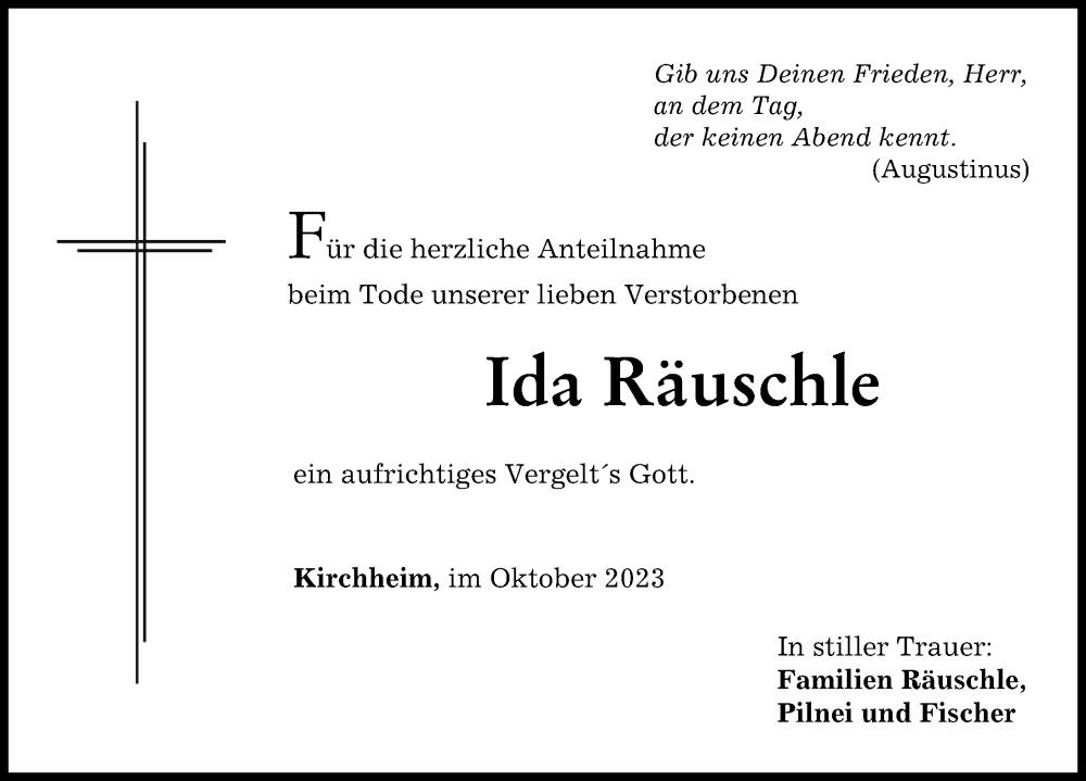  Traueranzeige für Ida Räuschle vom 07.10.2023 aus Mindelheimer Zeitung