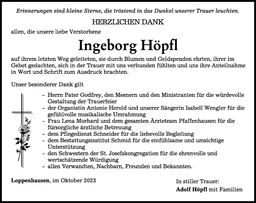  Traueranzeige für Ingeborg Höpfl vom 16.10.2023 aus Mindelheimer Zeitung