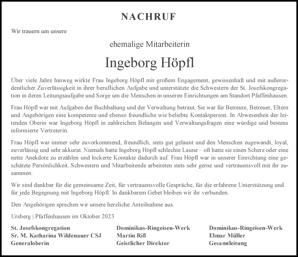  Traueranzeige für Ingeborg Höpfl vom 09.10.2023 aus Mindelheimer Zeitung