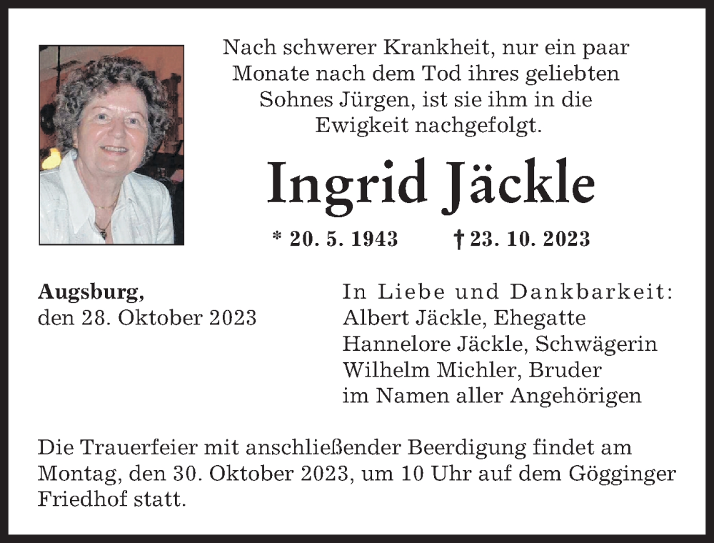 Traueranzeige von Ingrid Jäckle von Augsburger Allgemeine