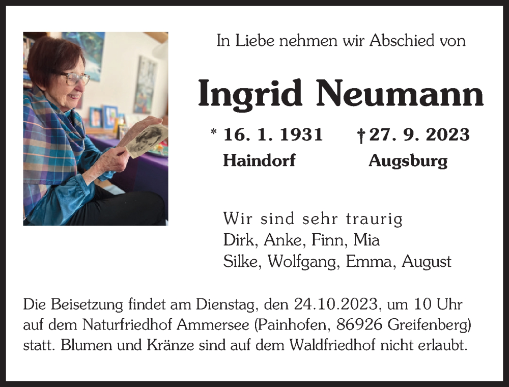  Traueranzeige für Ingrid Neumann vom 21.10.2023 aus Augsburger Allgemeine