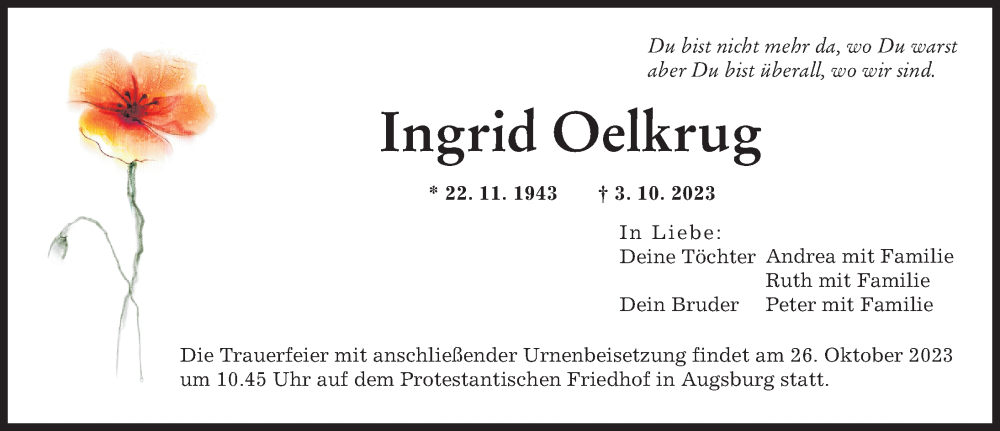 Traueranzeige von Ingrid Oelkrug von Augsburger Allgemeine