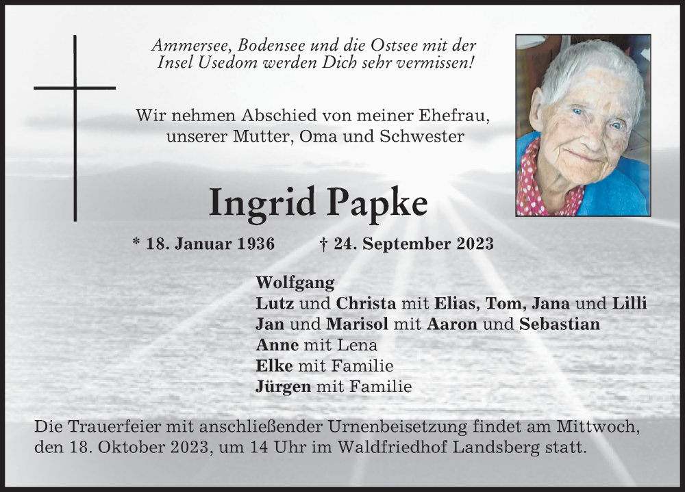 Traueranzeige von Ingrid Papke von Landsberger Tagblatt