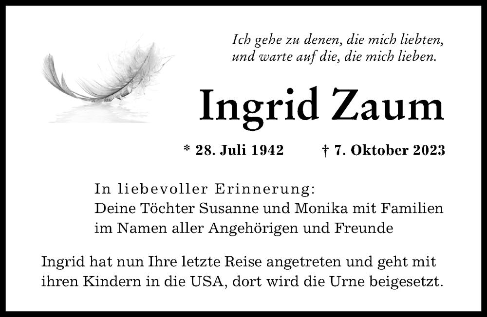  Traueranzeige für Ingrid Zaum vom 14.10.2023 aus Augsburger Allgemeine