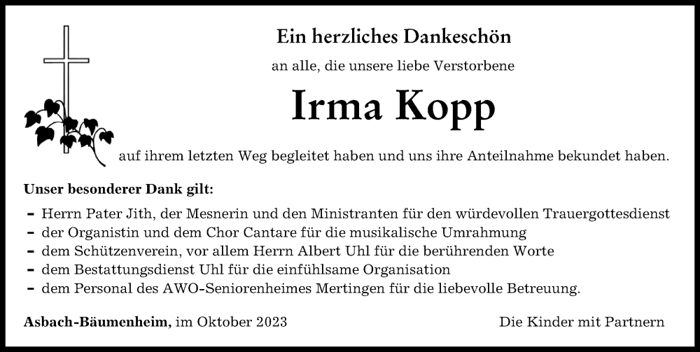 Traueranzeige von Irma Kopp von Donauwörther Zeitung
