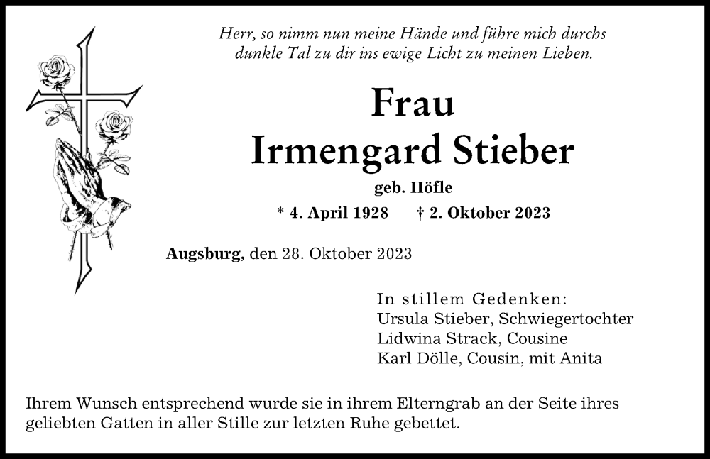 Traueranzeige von Irmengard Stieber von Augsburger Allgemeine