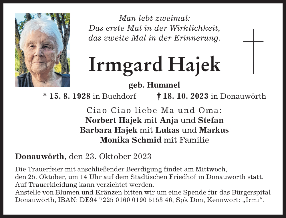 Traueranzeige von Irmgard Hajek von Wertinger Zeitung, Donau Zeitung, Donauwörther Zeitung