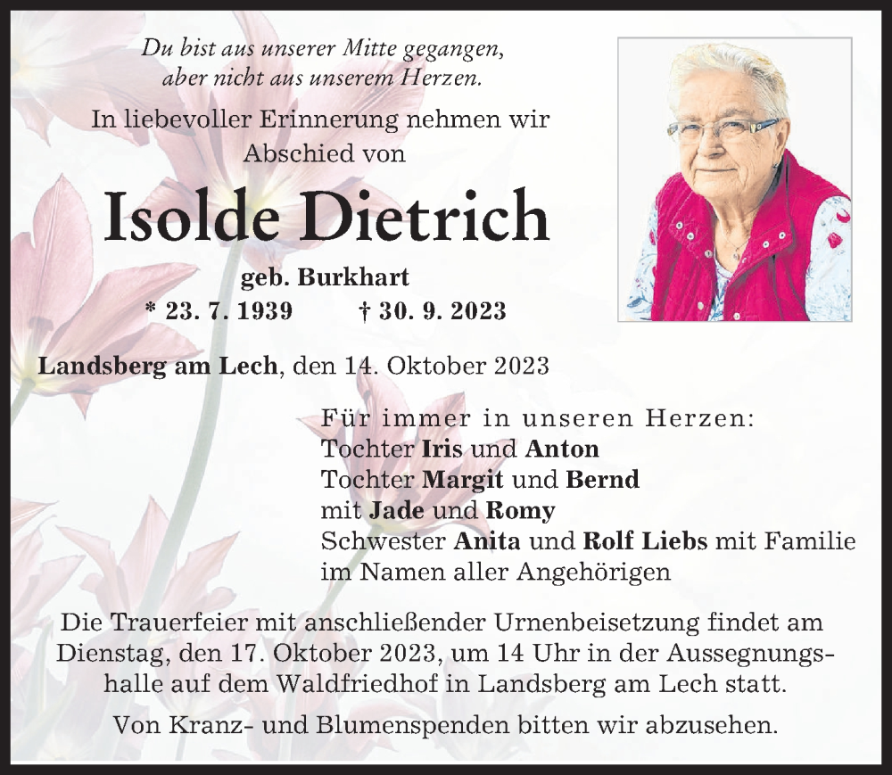 Traueranzeige von Isolde Dietrich von Landsberger Tagblatt