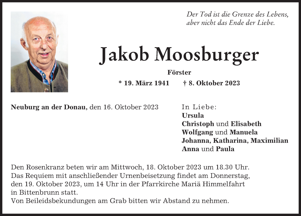 Traueranzeige von Jakob Moosburger von Neuburger Rundschau