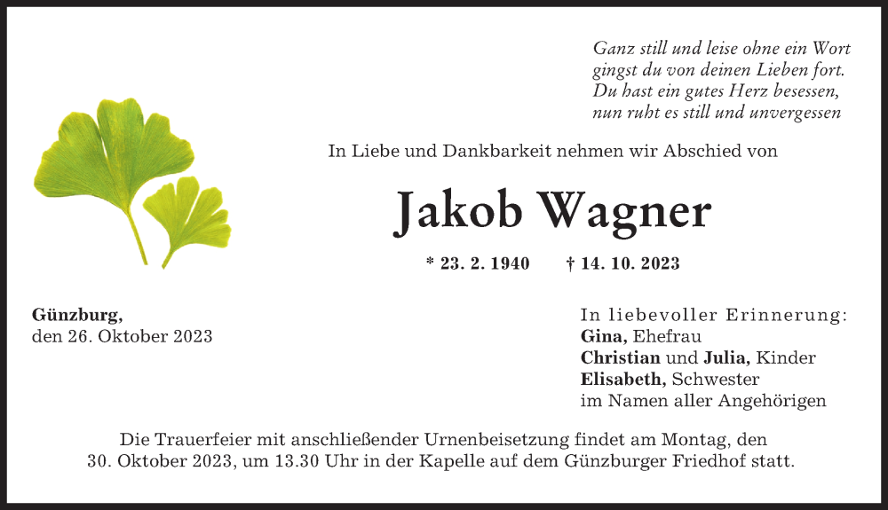 Traueranzeige von Jakob Wagner von Günzburger Zeitung