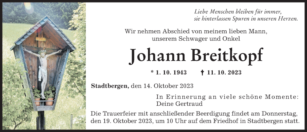 Traueranzeige von Johann Breitkopf von Augsburger Allgemeine