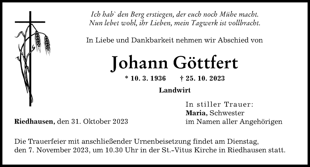 Traueranzeige von Johann Göttfert von Günzburger Zeitung