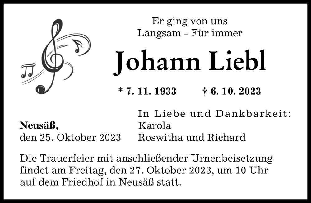  Traueranzeige für Johann Liebl vom 25.10.2023 aus Augsburger Allgemeine