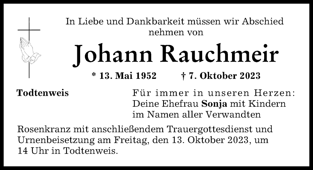 Traueranzeige von Johann Rauchmeir von Augsburger Allgemeine